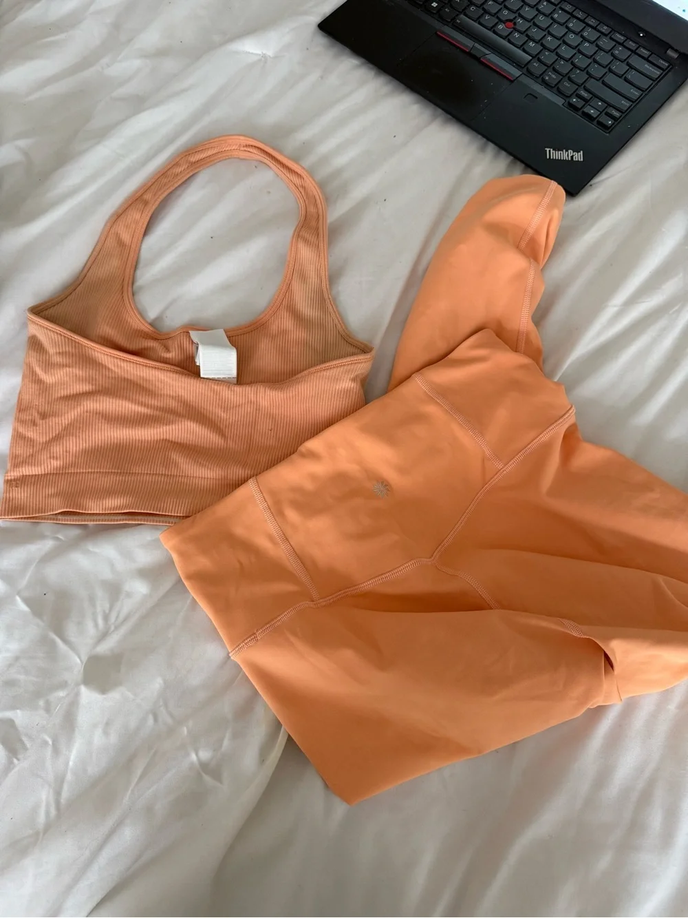 Athleta Peach/Orange Ribbed Sports Bra and High-Waist Leggings Set